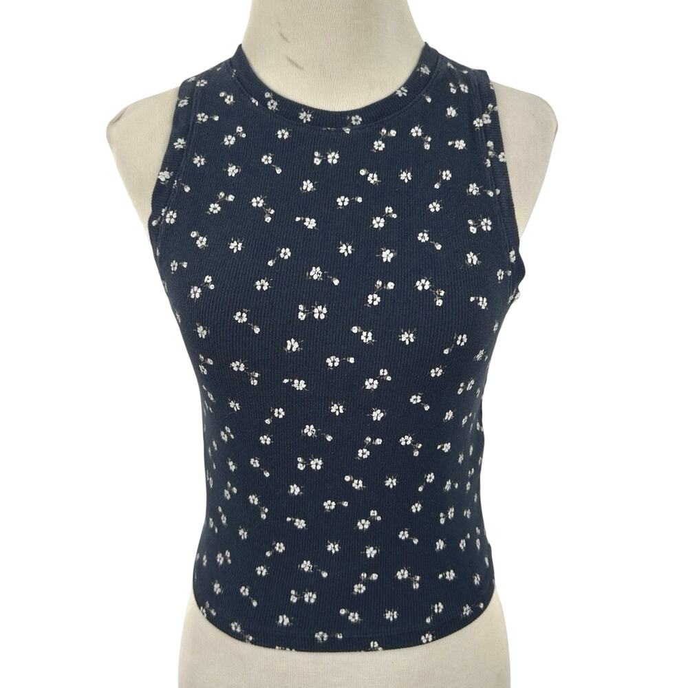 Hollister Must-Have Navy Floral Ribbed Cropped Tank Top Womens M Y2K